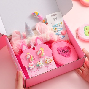 Süßes Einhorn Geschenkset für Kinder, mit Plüsch Haarreif, Haarspangen und Geldbörse.