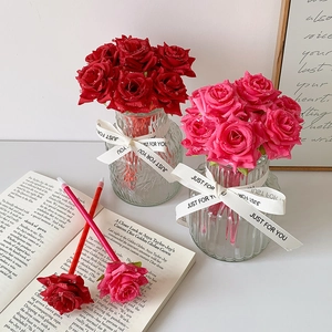 Realistic artificial rose ballpoint pens in glass vase with Just For You ribbon decor