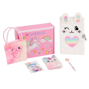 Pink unicorn stationery gift set for kids with plush journal, bag, and colorful clips