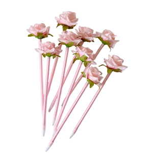 Set of 10 pink artificial rose flower ballpoint pens for gift and office decor