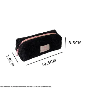 Detailed dimensions of black plush stationery bag with pink zipper and Lucky Gate label