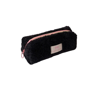 Large capacity black plush pencil case with pink zipper and Lucky Gate patch logo