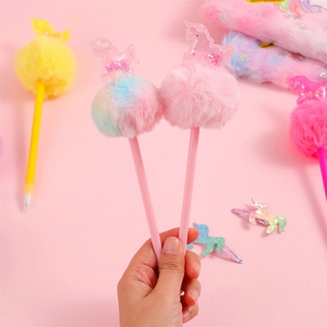 Cartoon unicorn pom-pom pen with glitter sequins and fluffy ball for students