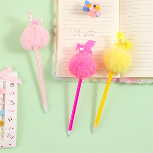 Creative unicorn pom-pom pens in pastel pink and yellow colors for school stationery gifts