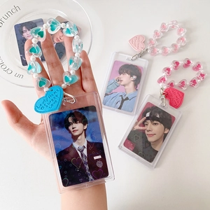Clear acrylic heart bead photocard holder with stylish wrist strap for k-pop idol cards