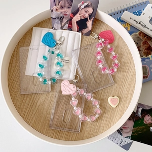Clear acrylic photo card holder set with heart-shaped beads and metal lobster clasps