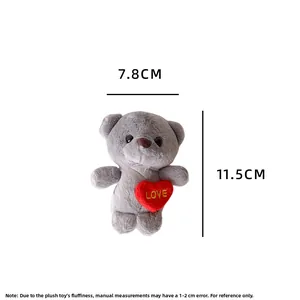 Detailed size view of a 11.5cm gray plush bear keychain with a red LOVE heart
