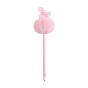 Pink cartoon unicorn glitter pen with fluffy pom pom and sparkling star sequins