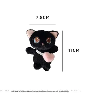Detailed dimensions of black plush cat keychain with pink heart bag and soft fur