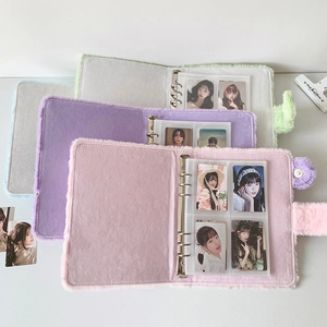Four-color plush photocard binder set with fluffy covers and multi-ring metal binders