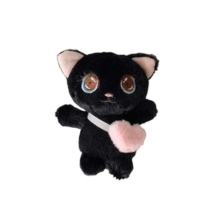 Cute black plush cat pendant with pink heart bag for backpack and keychain decor