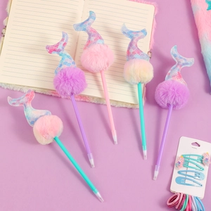 Colorful mermaid tail pens with fluffy pom-poms and matching hair accessory gift set