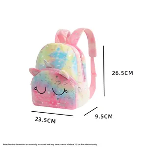 Detailed size view of plush unicorn backpack with dimensions in centimeters