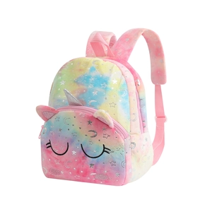 Rainbow plush unicorn backpack for kids with silver stars and adjustable pink straps
