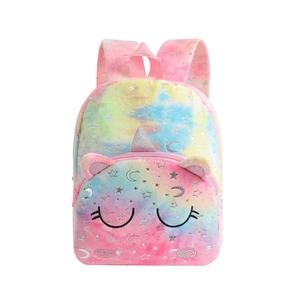 Detail of plush rainbow unicorn backpack with silver star foil and 3D ears