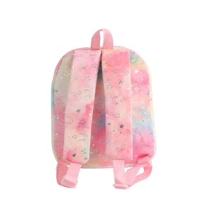 Detail of plush rainbow backpack showing soft tie-dye fur and silver star patterns