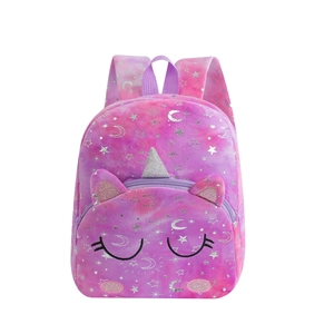 Detail of pink tie-dye plush backpack featuring silver sequins unicorn horn and star prints
