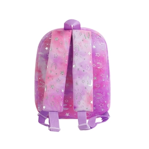 Rear view of pink and purple plush unicorn backpack with adjustable straps and silver stars