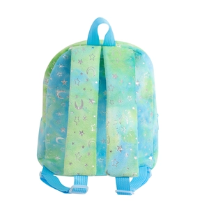 Detail view of colorful tie-dye plush backpack featuring silver moon and star patterns