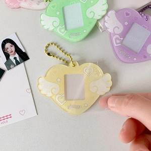 Glitter acrylic heart wing photo card holder keychain with macaron colors and bead chains