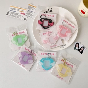 Acrylic heart wing photo card holders in various colors with bead chain keychains