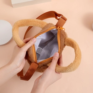 Cute brown plush capybara crossbody bag with zipper and adjustable shoulder strap