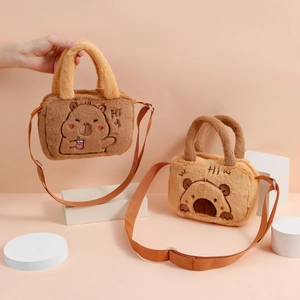Cute plush capybara shoulder bag for kids in brown and khaki with embroidery