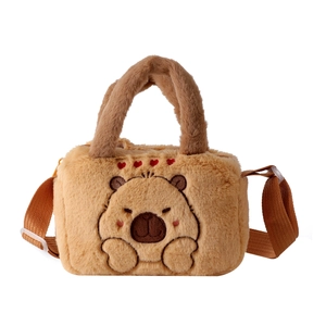 Plush capybara crossbody bag for kids with cartoon embroidery and heart accents