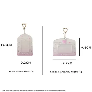 Vertical and horizontal PVC card holders with heart patterns and keychain sizing details