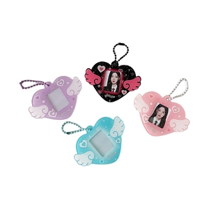 Glittery heart-shaped angel wing photocard holders in purple, black, pink, and blue colors
