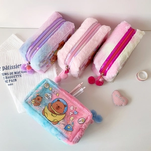 Cute plush sequin pencil case with bear astronaut theme and clear window for girls