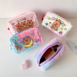 Detail view of large capacity plush pencil cases with cute bear patterns and PVC windows