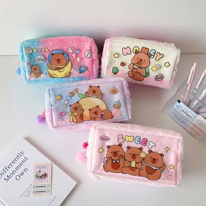 Cute Capybara plush pencil case set in pastel colors with transparent window and zipper