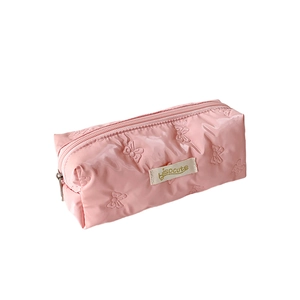 Pink glossy butterfly embossed pencil case and cosmetic pouch with jisocute label
