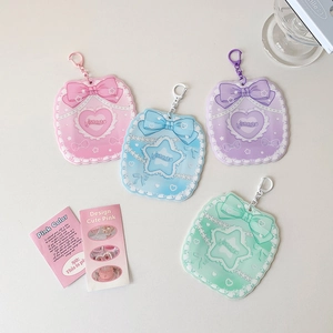 Detail of four colorful bow card holders with lace edges and heart star patterns