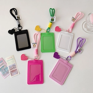 Minimalist PU leather vertical ID card holder with neck lanyard and heart charm