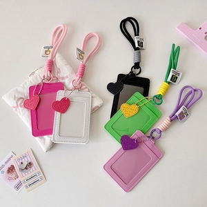 Colorful PU leather ID card holders with woven lanyards and heart pendants in five colors