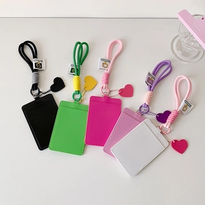 Colorful PU leather ID card holders with braided lanyards and heart pendants in five shades