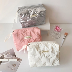 Butterfly Quilted Makeup Bag Polyester Large Capacity Cosmetic Pouch For Travel Daily Storage Solid Color Ribbon Zipper Pull