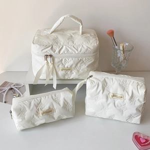 White quilted butterfly pattern cosmetic bag set with three sizes and top handle