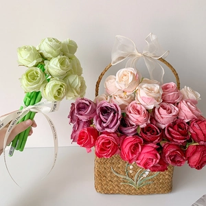 Realistic rose flower gel pens set in a woven basket with decorative ribbons and bows