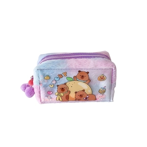Fuzzy pink and blue gradient plush makeup bag with cartoon bear window and pom pom