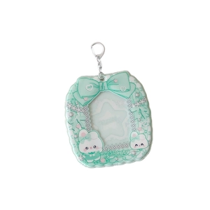 Mint green cartoon rabbit 3-inch hollow card holder with cute bow and metal keychain