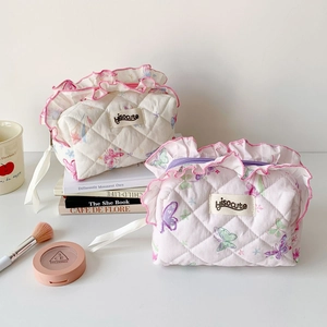 Quilted cotton makeup bag with butterfly prints and elegant lace ruffle trim