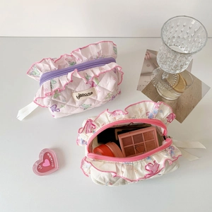 Quilted makeup bag set with butterfly print and lace trim for high-capacity storage