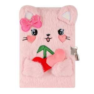 Pink plush cat diary notebook with a lock and bow decoration for girls' school gifts