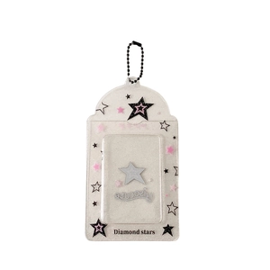 Transparent glitter PVC card holder with stars print and black bead chain attachment