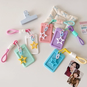 Candy Color Sliding Cover Card Holder Plastic Badge Protector With Braided Lanyard Star Charm For Student ID Photo Display