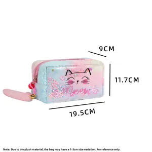 Detail view of the plush cat pencil case showing 19.5cm length and blue-purple gradient fur