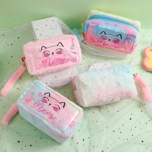 Rainbow plush cat makeup bag with glitter sequin PVC window and soft furry tail